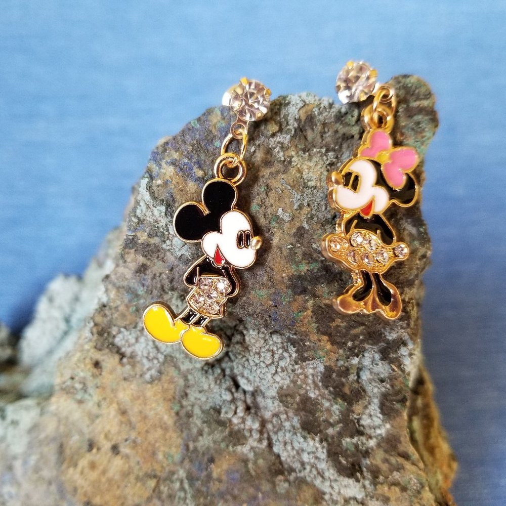 Mickey & Minnie Earrings Rhinestone Push Back - NWOT